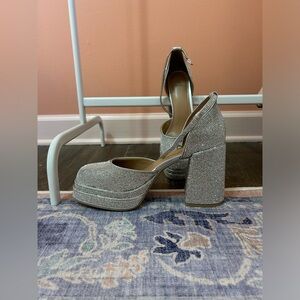 Silver Platform Rhinestone Block Heels